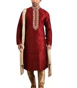 Maroon embroidered art dupion silk kurta-pajama
