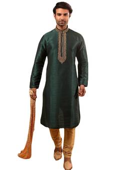 Green embroidered art dupion silk kurta-pajama