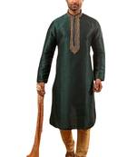 Green embroidered art dupion silk kurta-pajama