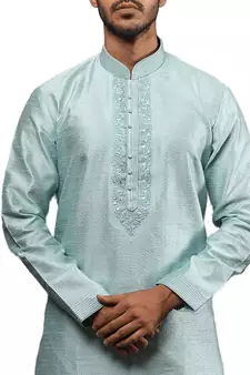 Grey embroidered art dupion silk kurta-pajama