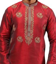 Red embroidered art dupion silk kurta-pajama