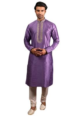 Purple embroidered art dupion silk kurta-pajama 1