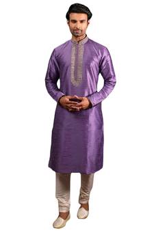 Purple embroidered art dupion silk kurta-pajama
