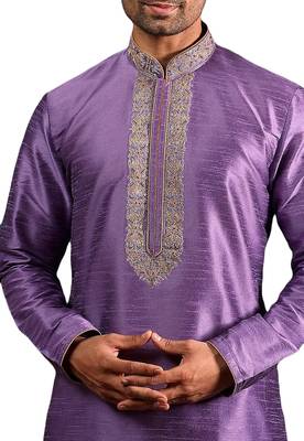 Purple embroidered art dupion silk kurta-pajama 2