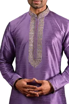 Purple embroidered art dupion silk kurta-pajama