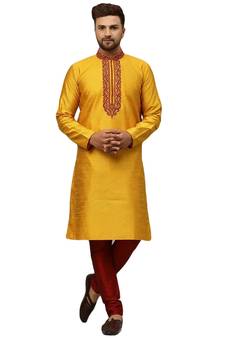 Yellow embroidered art dupion silk kurta-pajama