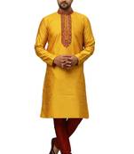 Yellow embroidered art dupion silk kurta-pajama