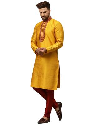 Yellow embroidered art dupion silk kurta-pajama 2
