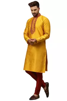 Yellow embroidered art dupion silk kurta-pajama
