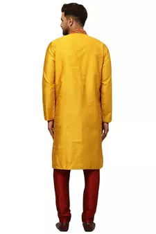 Yellow embroidered art dupion silk kurta-pajama