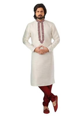 White embroidered art dupion silk kurta-pajama 1