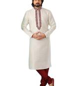 White embroidered art dupion silk kurta-pajama