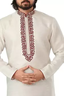 White embroidered art dupion silk kurta-pajama