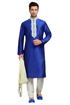 Blue embroidered art dupion silk kurta-pajama