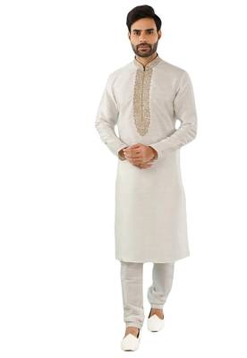 White embroidered art dupion silk kurta-pajama 1
