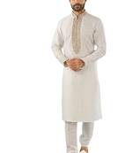 White embroidered art dupion silk kurta-pajama
