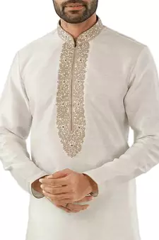 White embroidered art dupion silk kurta-pajama