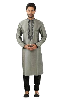 Grey embroidered art dupion silk kurta-pajama 1