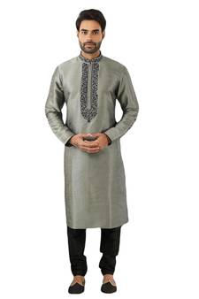 Grey embroidered art dupion silk kurta-pajama
