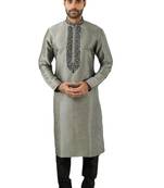 Grey embroidered art dupion silk kurta-pajama