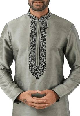 Grey embroidered art dupion silk kurta-pajama 2