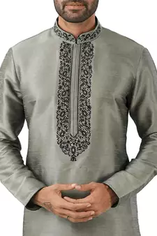 Grey embroidered art dupion silk kurta-pajama