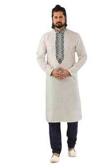 White embroidered art dupion silk kurta-pajama