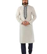 White embroidered art dupion silk kurta-pajama