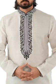 White embroidered art dupion silk kurta-pajama