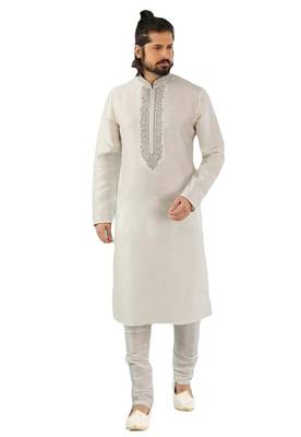 White embroidered art dupion silk kurta-pajama 1