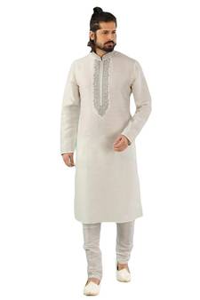 White embroidered art dupion silk kurta-pajama