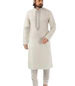 White embroidered art dupion silk kurta-pajama