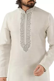 White embroidered art dupion silk kurta-pajama