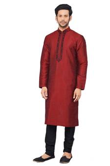 Maroon embroidered art dupion silk kurta-pajama