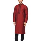 Maroon embroidered art dupion silk kurta-pajama