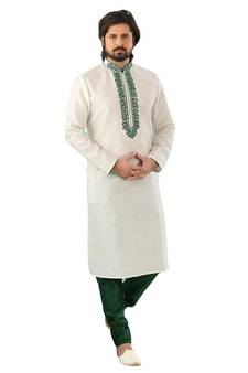 White embroidered art dupion silk kurta-pajama
