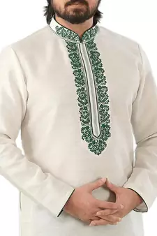 White embroidered art dupion silk kurta-pajama