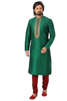 Green embroidered art dupion silk kurta-pajama