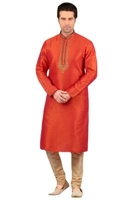Orange embroidered art dupion silk kurta-pajama 1