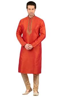 Orange embroidered art dupion silk kurta-pajama