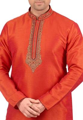 Orange embroidered art dupion silk kurta-pajama 2