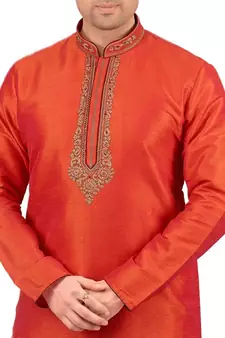 Orange embroidered art dupion silk kurta-pajama