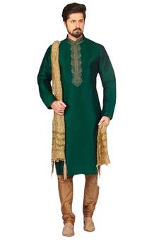 Green embroidered art dupion silk kurta-pajama