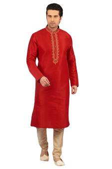 Red embroidered art dupion silk kurta-pajama