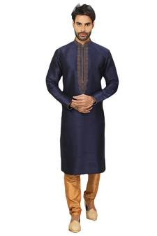Blue embroidered art dupion silk kurta-pajama