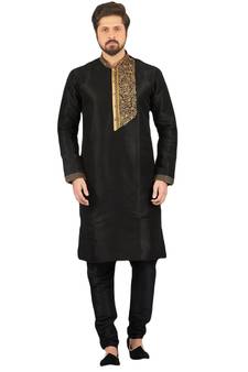 Black embroidered art dupion silk kurta-pajama