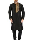 Black embroidered art dupion silk kurta-pajama