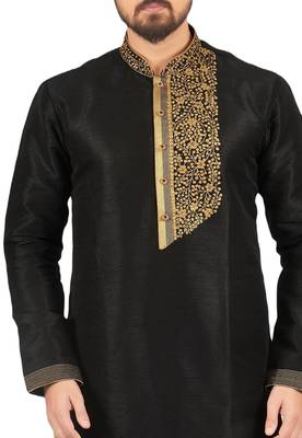 Black embroidered art dupion silk kurta-pajama 2