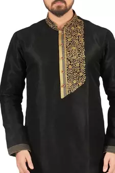 Black embroidered art dupion silk kurta-pajama