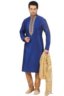 Blue embroidered art dupion silk kurta-pajama